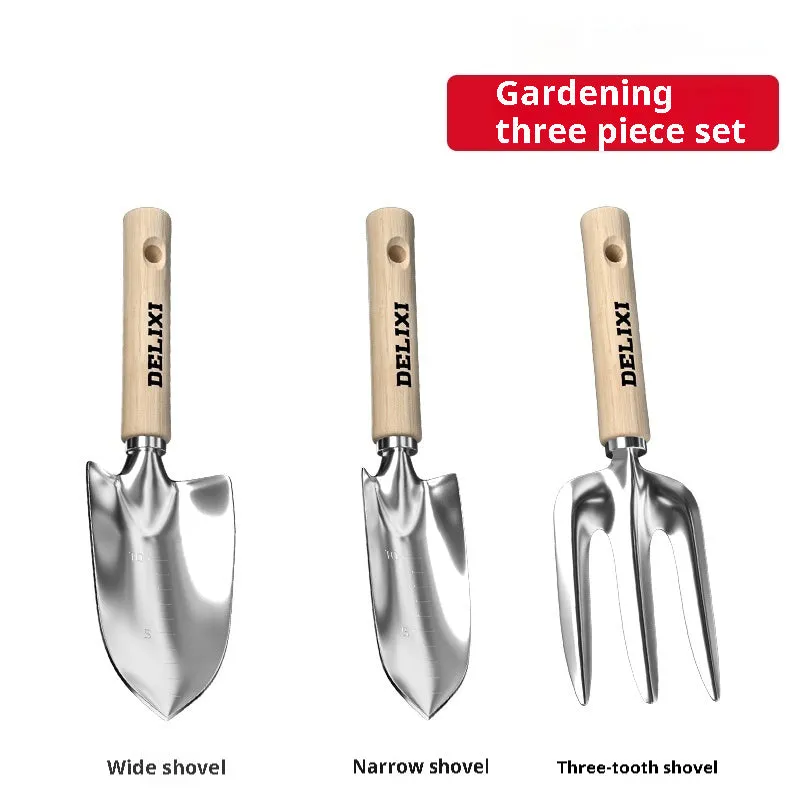 Gardening tool set with stainless steel shovels and rake, solid wood handles