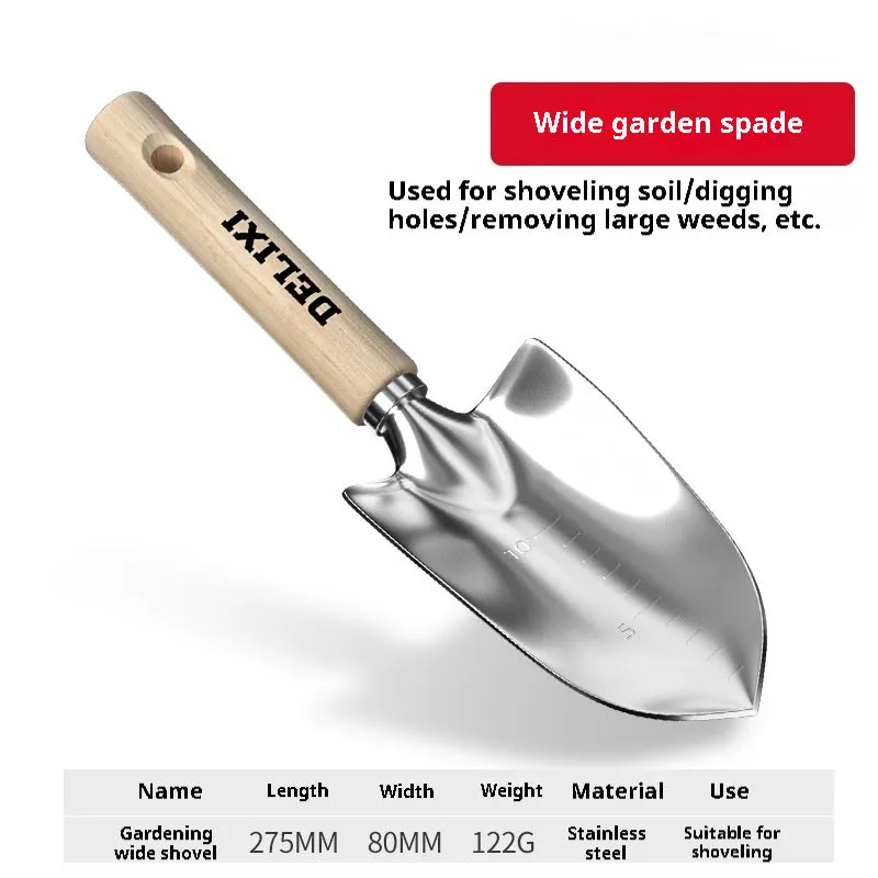 Gardening tool set with stainless steel shovels and rake, solid wood handles