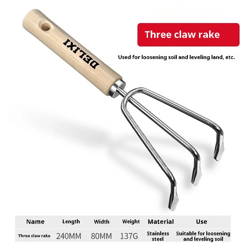 Gardening tool set with stainless steel shovels and rake, solid wood handles