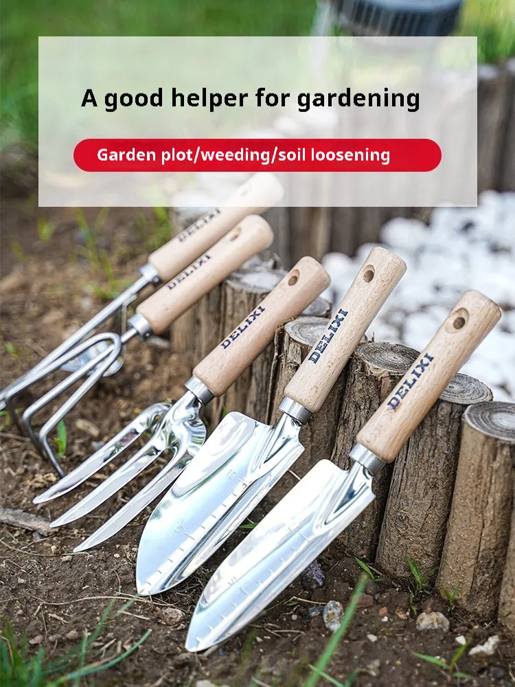 Gardening tool set with stainless steel shovels and rake, solid wood handles
