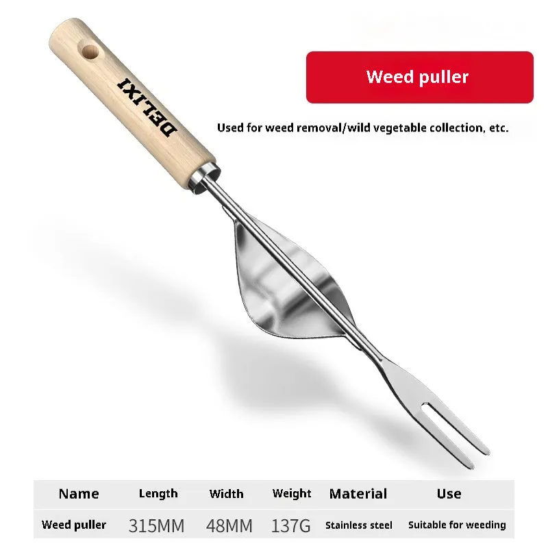 Gardening tool set with stainless steel shovels and rake, solid wood handles