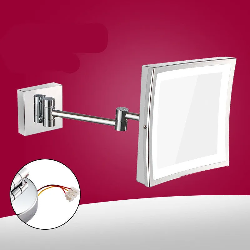Stainless steel wall-mounted folding bathroom mirror with built-in lamp in a choice of four metallic finishes.