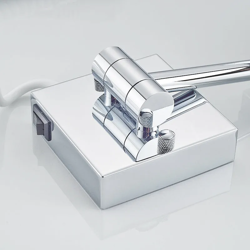 Stainless steel wall-mounted folding bathroom mirror with built-in lamp in a choice of four metallic finishes.