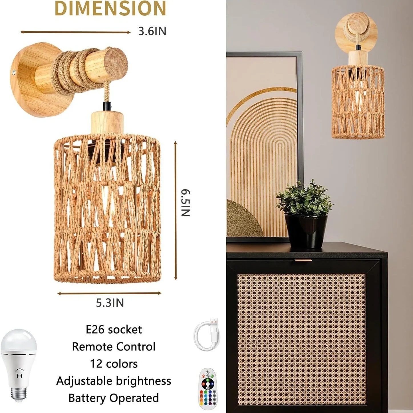Two wooden farmhouse wall lamps on a wall, pack of 2, modern simplicity design, 220V