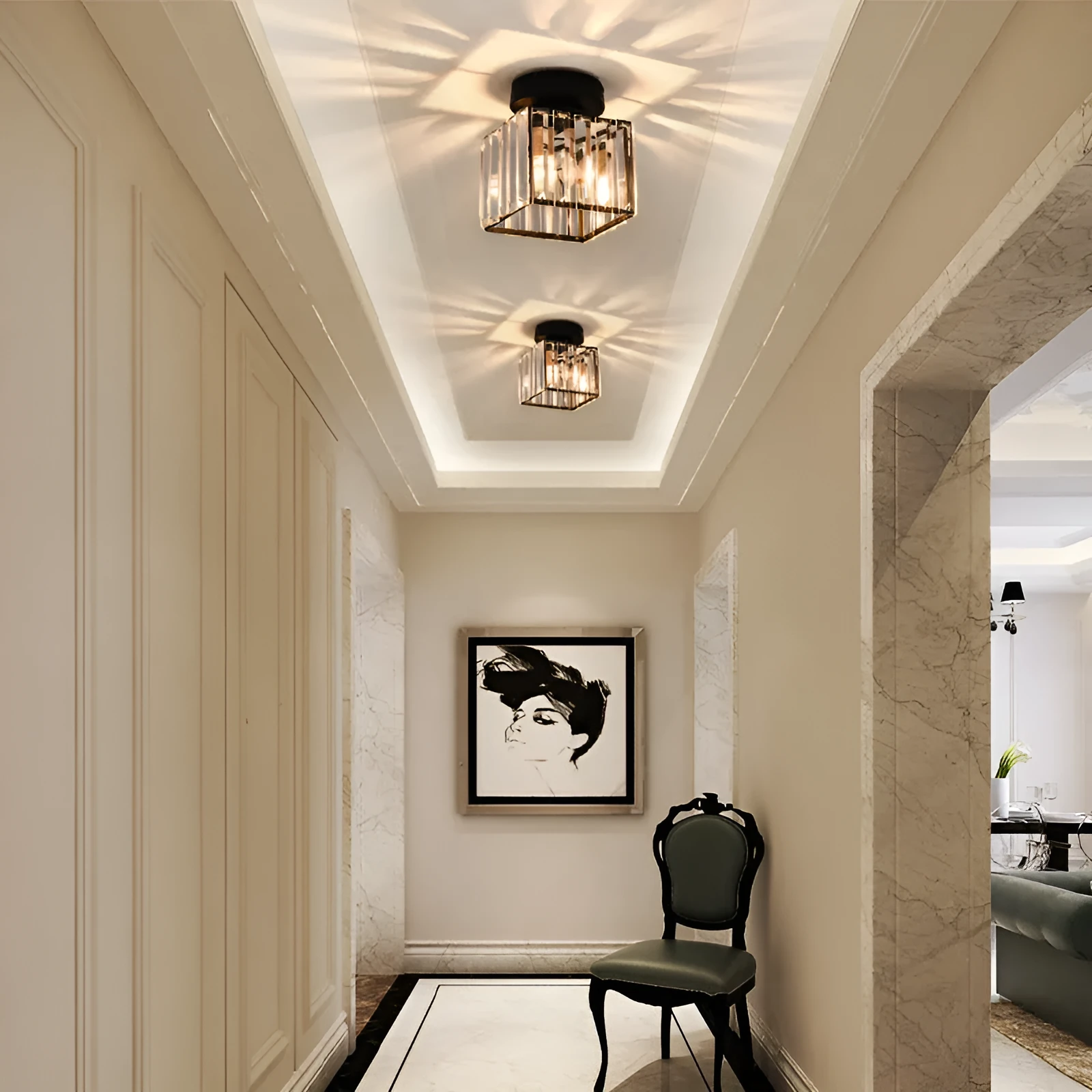 Nordic crystal hallway ceiling lamp in round black finish with crystal details