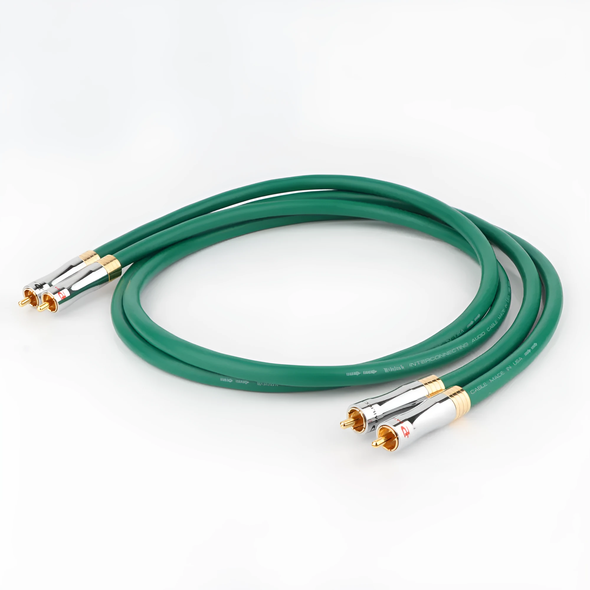 Silver-plated 4-core shielded audio interconnect cable with Lotus RCA plugs on a black background.