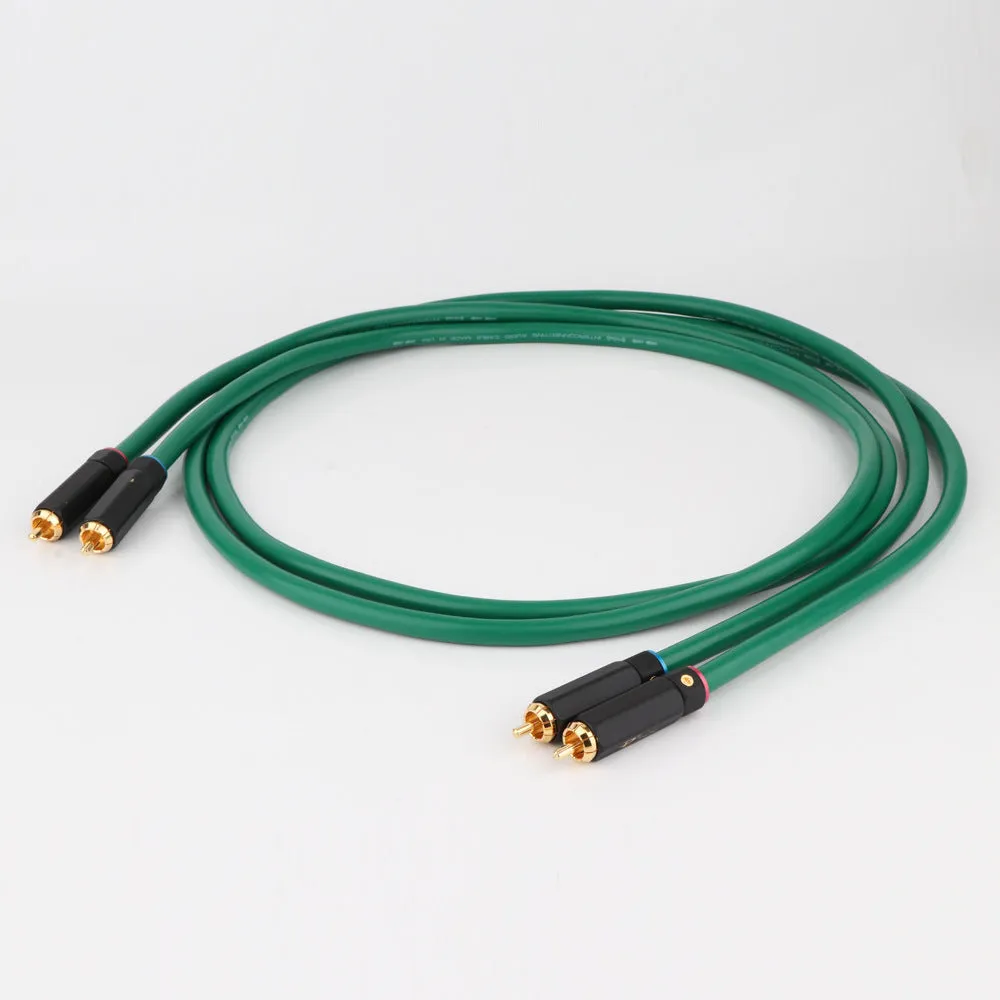 Silver-plated 4-core shielded audio interconnect cable with Lotus RCA plugs on a black background.