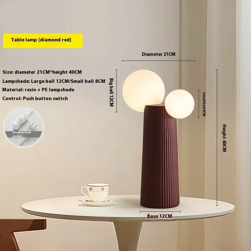 Modern minimalist cactus bedside lamp in milk coffee colour, resin and PE lampshade, 21cm diameter 40cm height, on bedside table