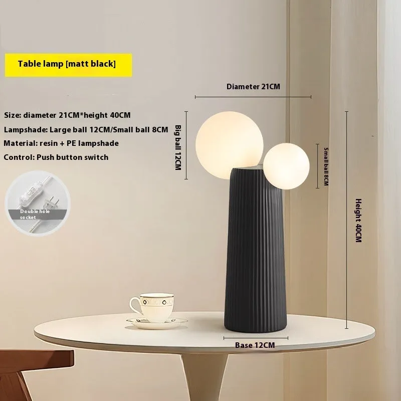 Modern minimalist cactus bedside lamp in milk coffee colour, resin and PE lampshade, 21cm diameter 40cm height, on bedside table