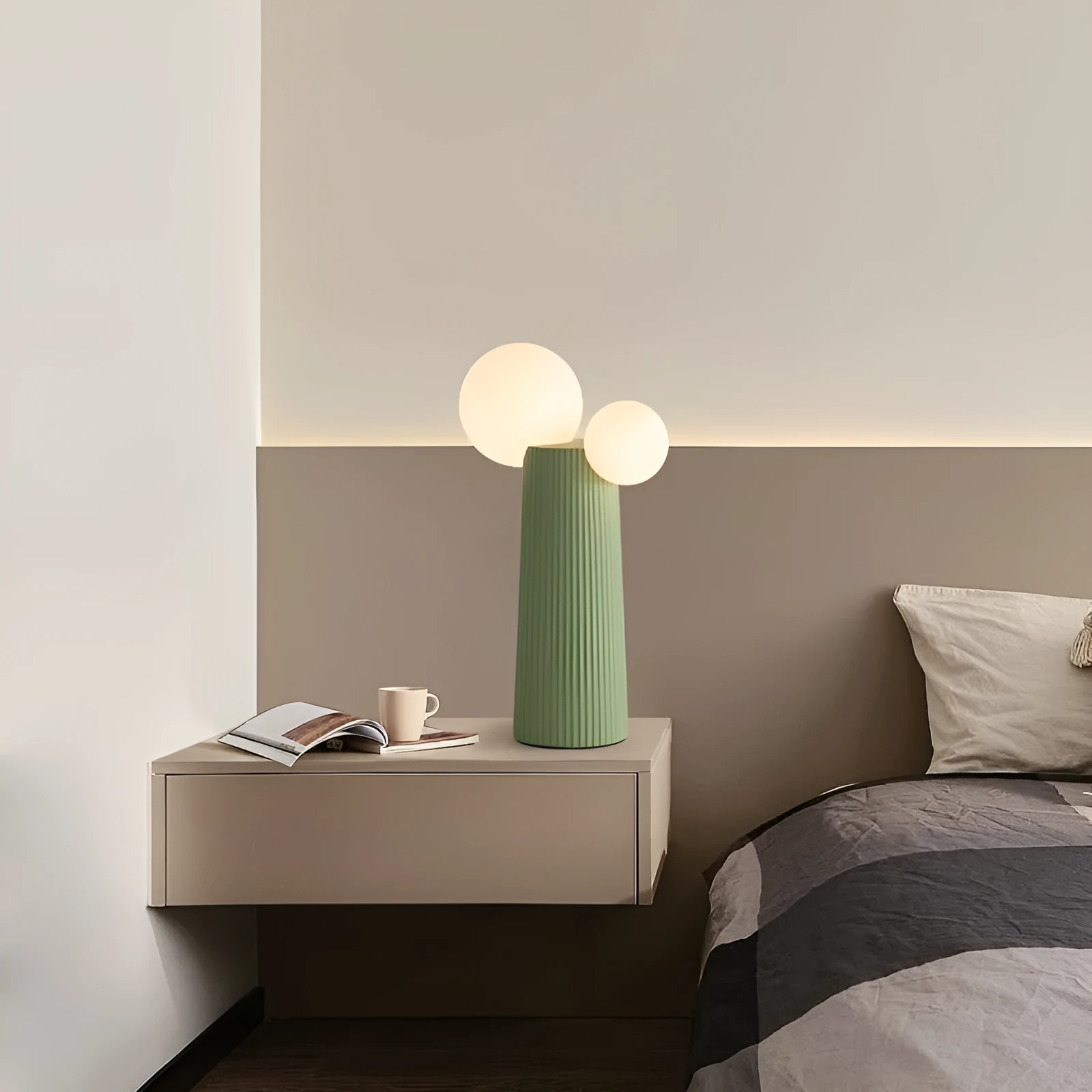 Modern minimalist cactus bedside lamp in milk coffee colour, resin and PE lampshade, 21cm diameter 40cm height, on bedside table