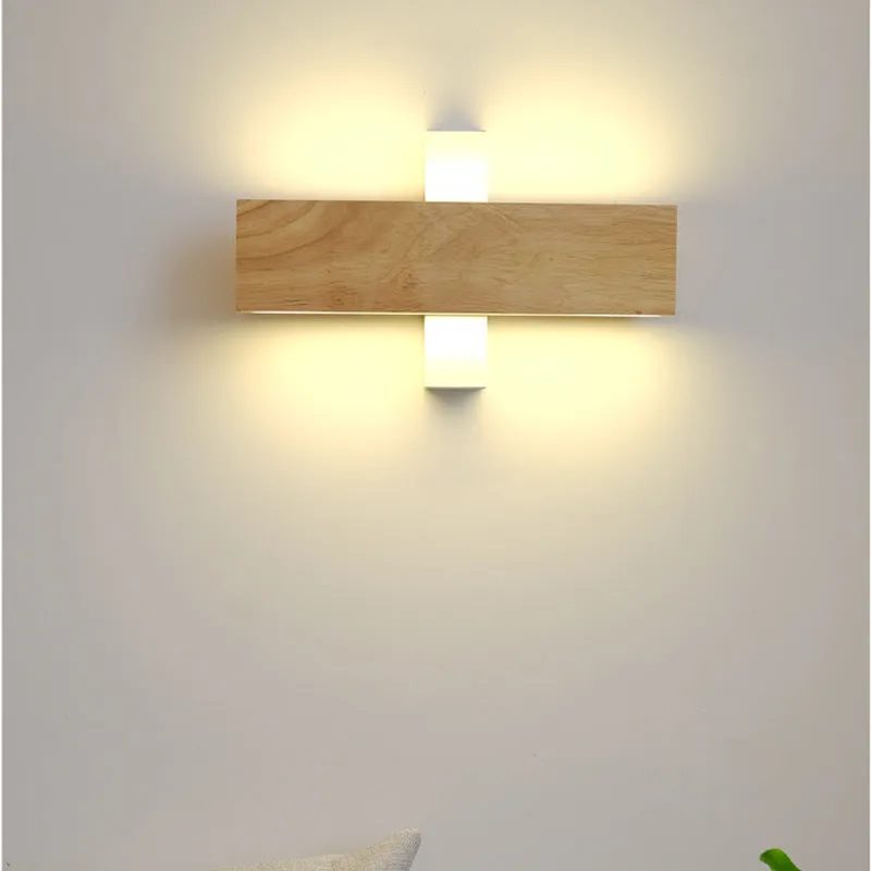 Solid wood bedroom bedside LED wall lamp in Nordic Japanese style, 22cm size, warm light wooden finish