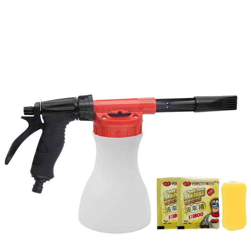 Foam pot high pressure water gun sprayer for garden use with adjustable pressure control.