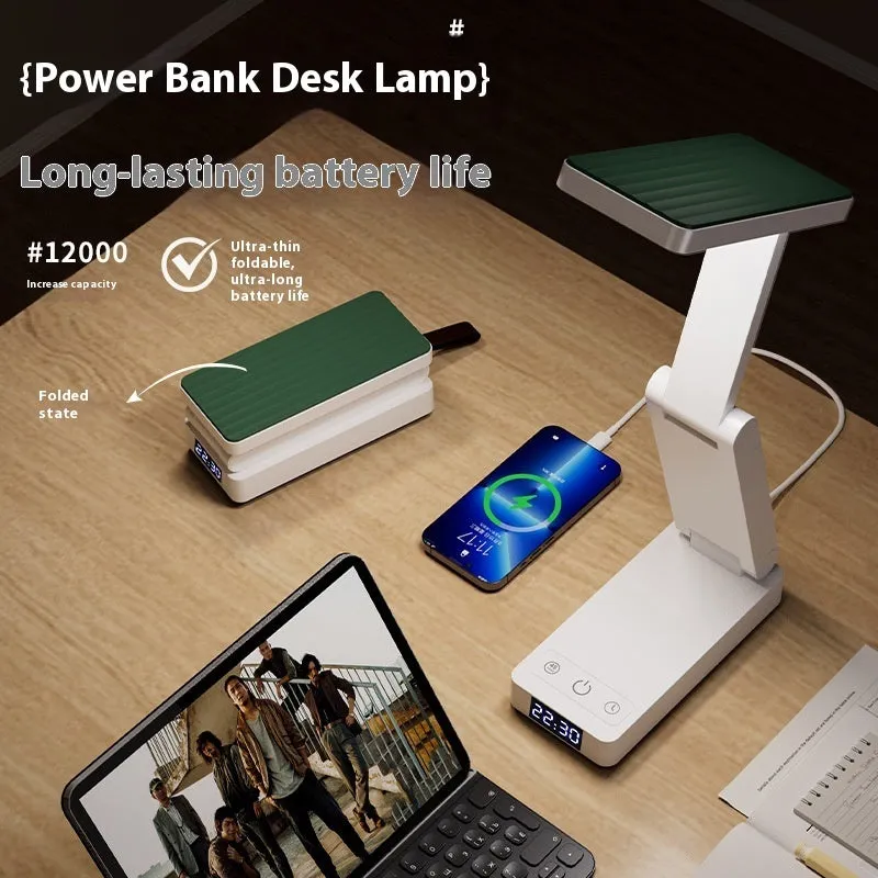 White table lamp with charging function, clock, and power bank on a desk
