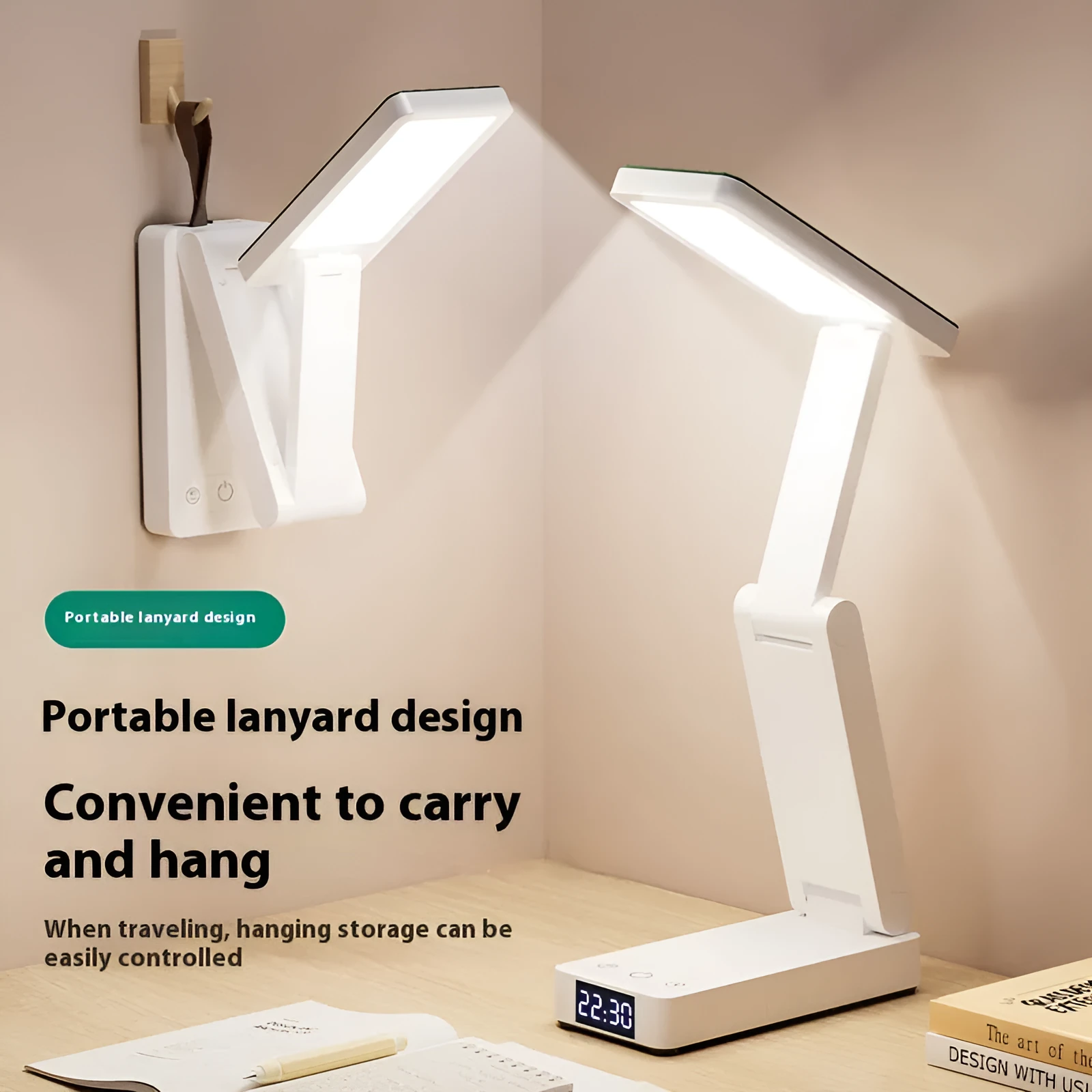White table lamp with charging function, clock, and power bank on a desk