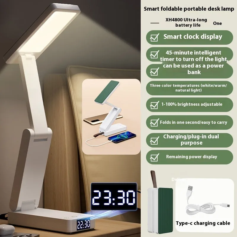 White table lamp with charging function, clock, and power bank on a desk