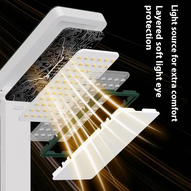 White table lamp with charging function, clock, and power bank on a desk