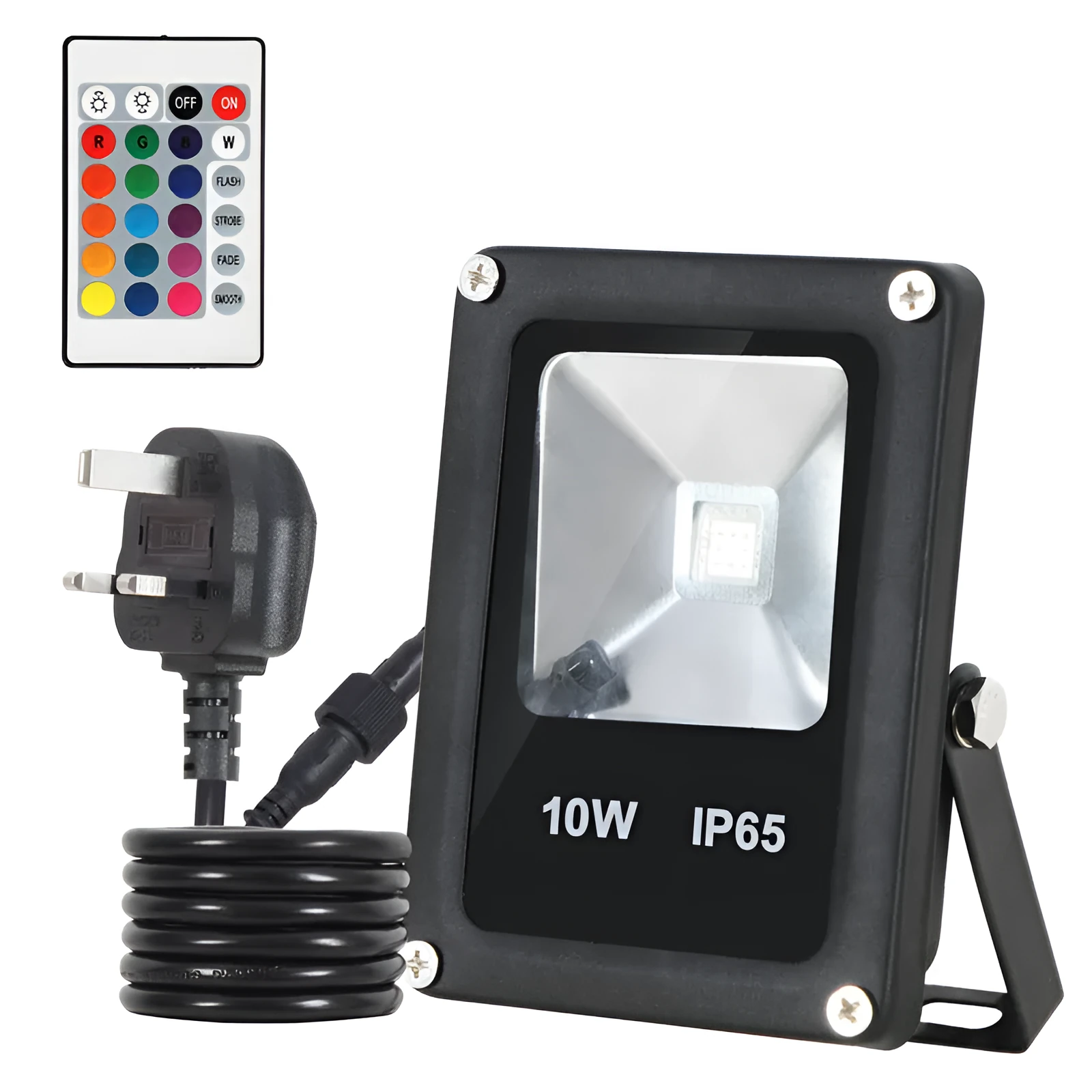 Black aluminium LED flood light for outdoor building and industrial illumination.