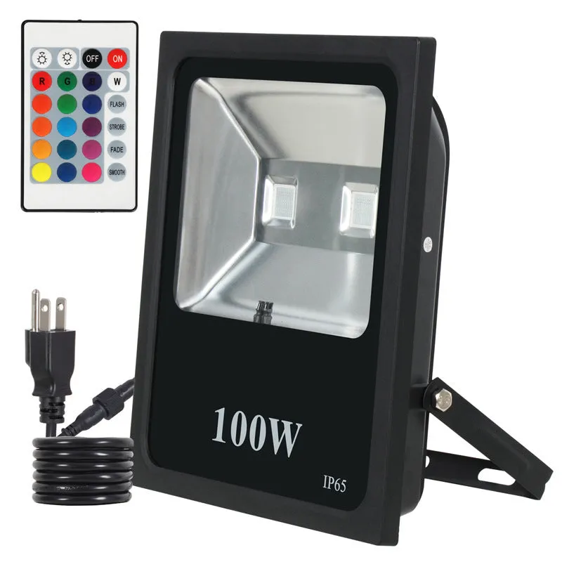 Black aluminium LED flood light for outdoor building and industrial illumination.