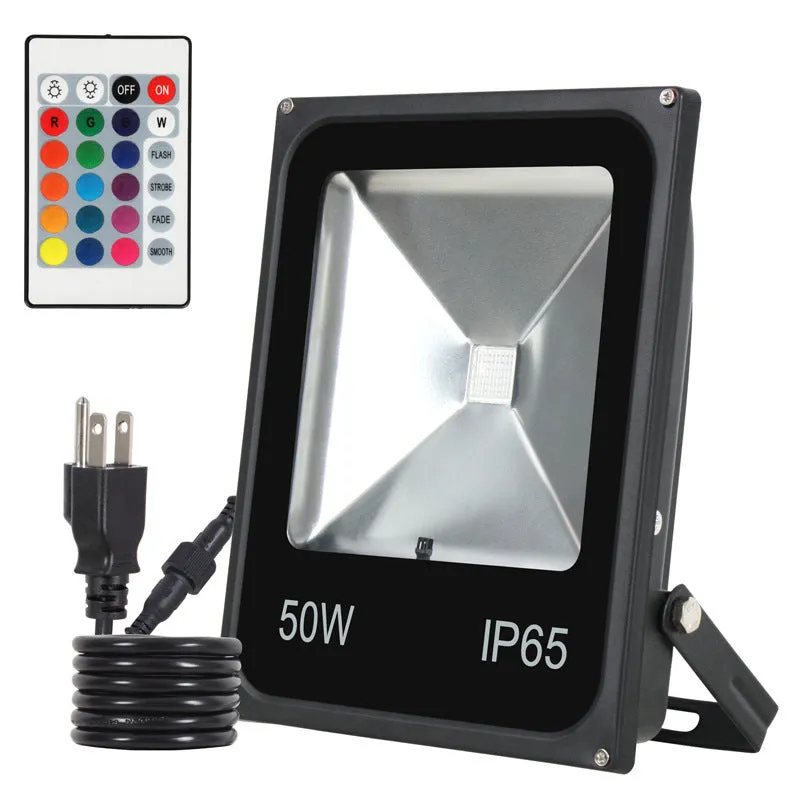 Black aluminium LED flood light for outdoor building and industrial illumination.