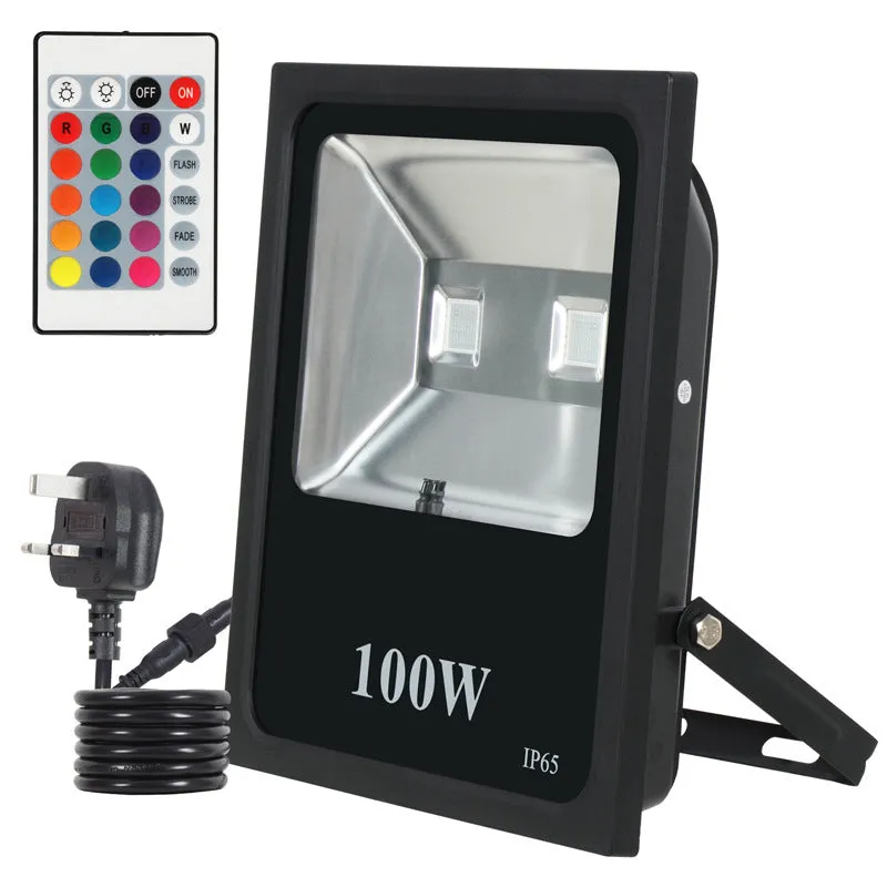 Black aluminium LED flood light for outdoor building and industrial illumination.