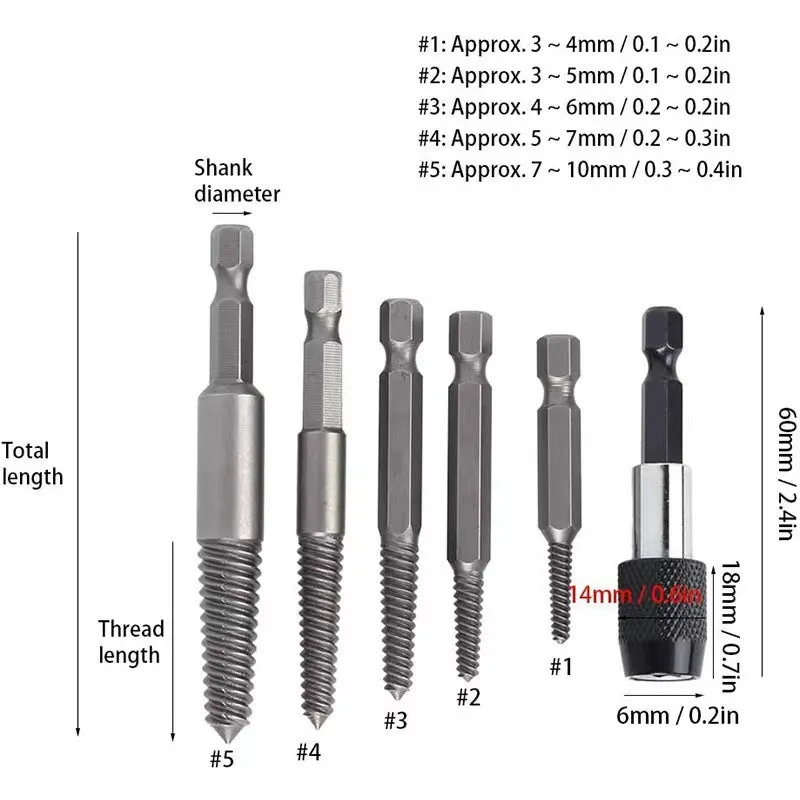 Silver household hexagonal handle screw extractor 12-piece set on a dark surface