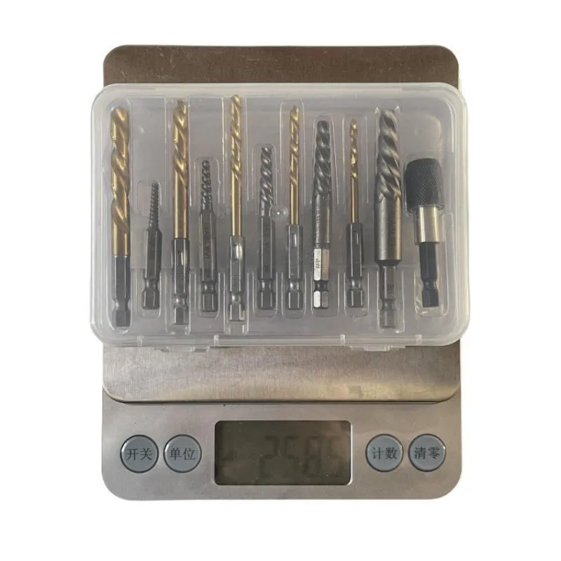 Silver household hexagonal handle screw extractor 12-piece set on a dark surface
