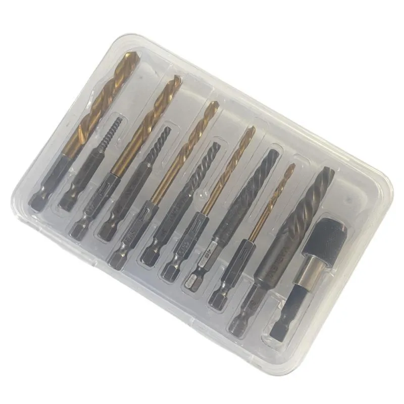 Silver household hexagonal handle screw extractor 12-piece set on a dark surface