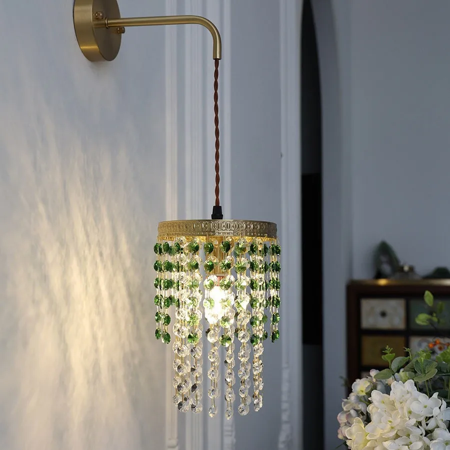 Retro green glacier crystal small droplight on bedside table showing warm LED light from E14 4W bulb