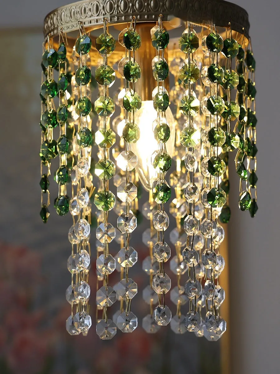 Retro green glacier crystal small droplight on bedside table showing warm LED light from E14 4W bulb