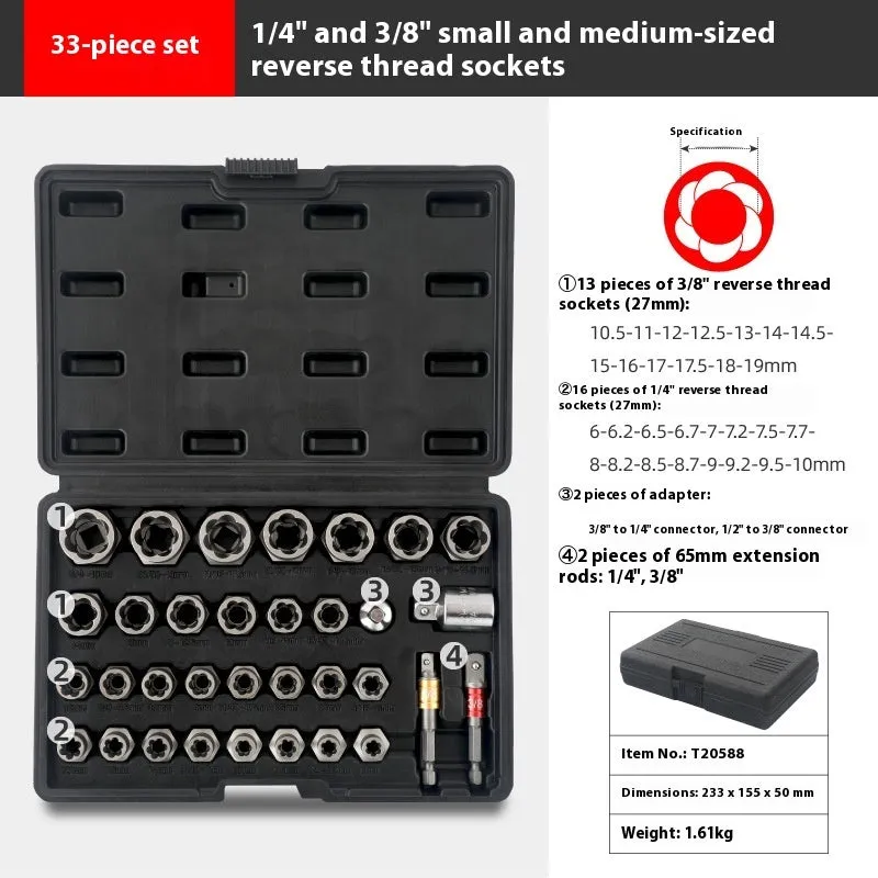 33-piece reverse tooth screw extractor set in chrome molybdenum steel with universal joint