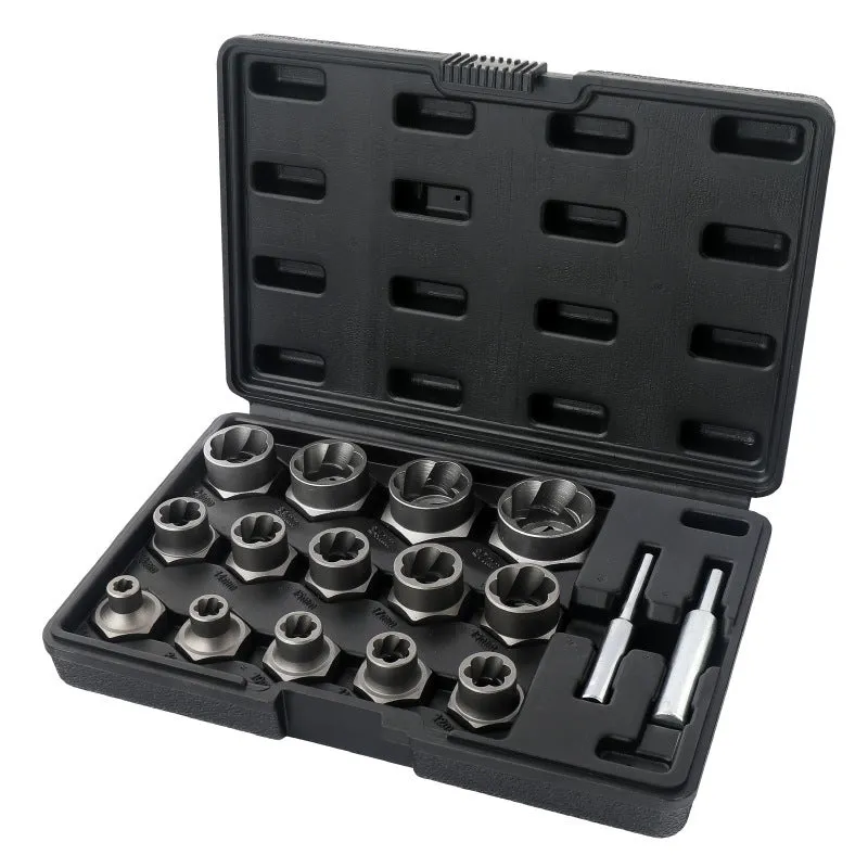 33-piece reverse tooth screw extractor set in chrome molybdenum steel with universal joint