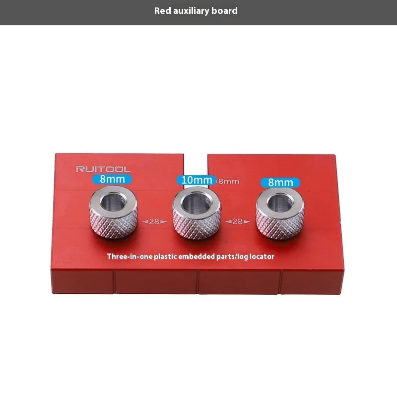 Woodworking punch locator tool with aluminium body, three drill bits, wrenches, and wood tips for furniture splicing