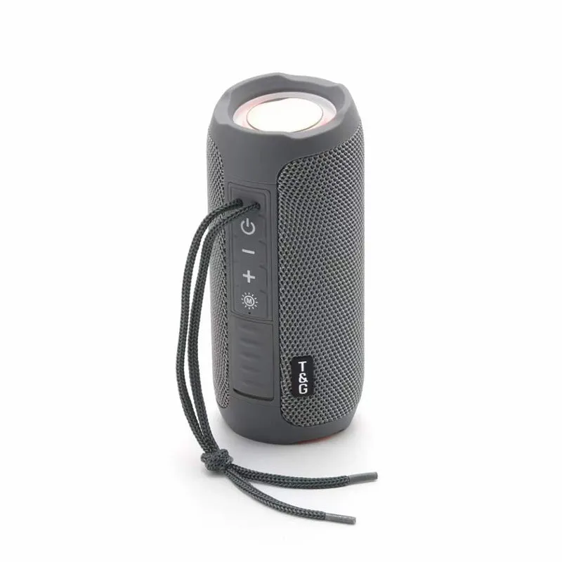 Portable waterproof LED Bluetooth speaker with TF card slot in black colour showing controls and speaker grille