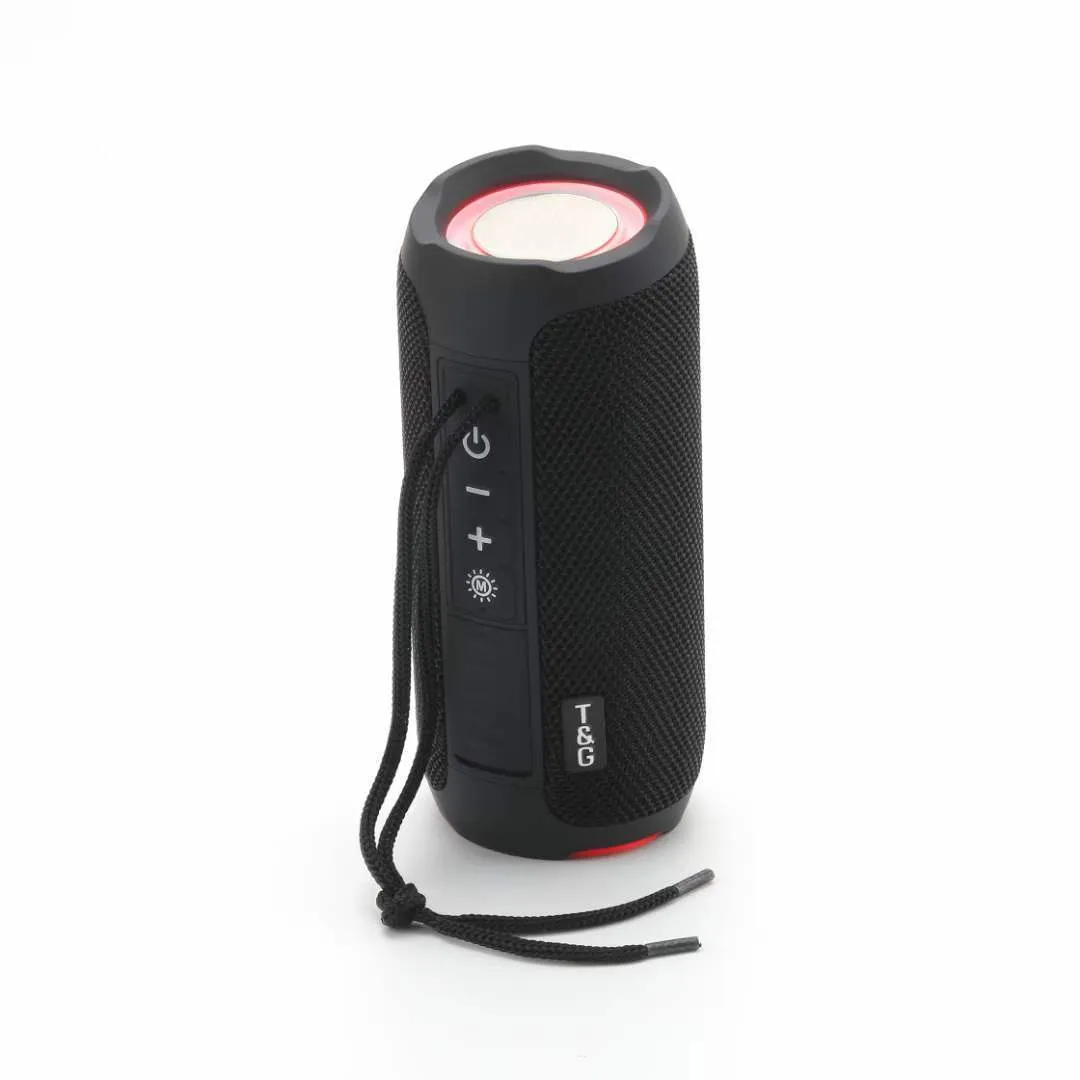 Portable waterproof LED Bluetooth speaker with TF card slot in black colour showing controls and speaker grille