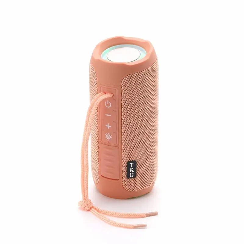 Portable waterproof LED Bluetooth speaker with TF card slot in black colour showing controls and speaker grille