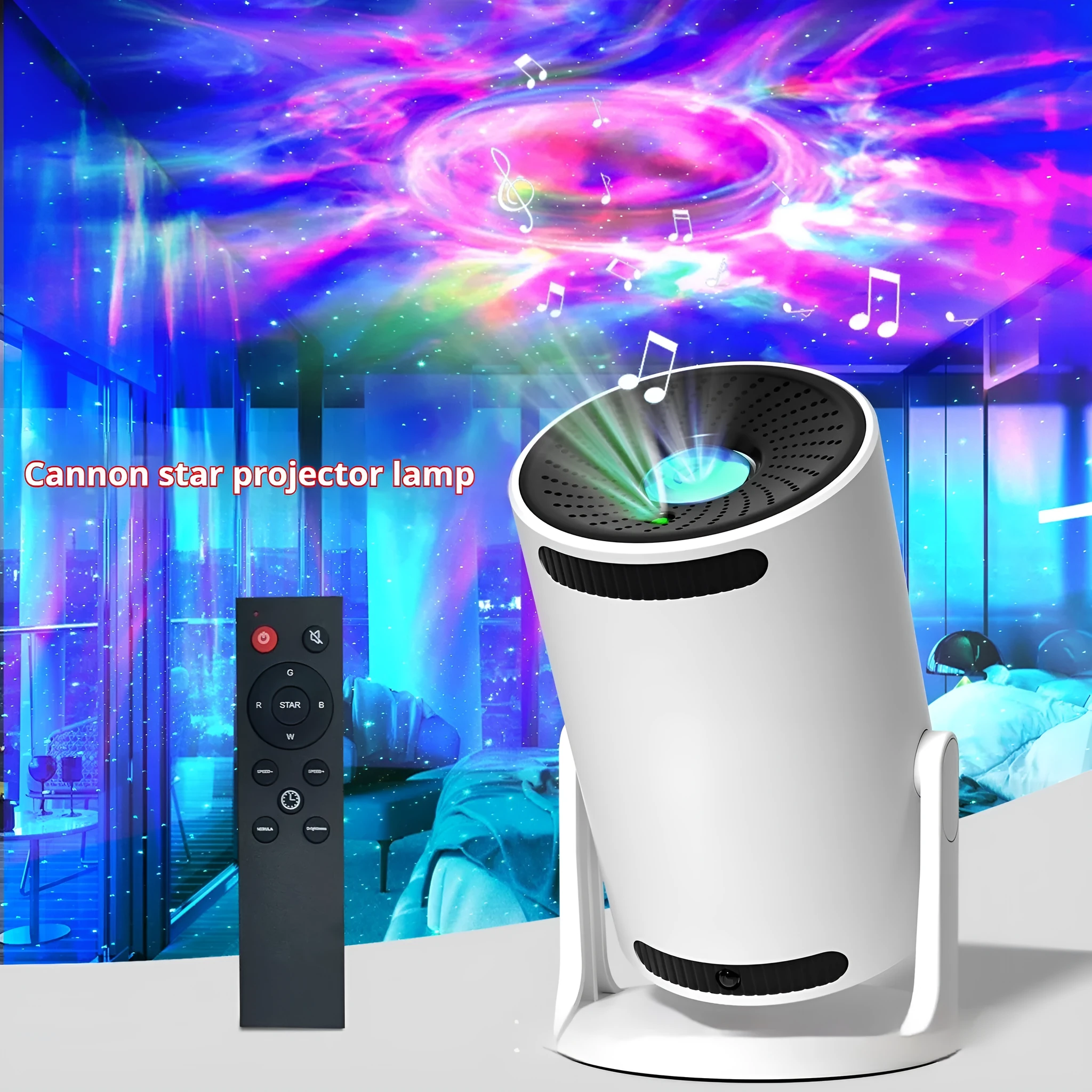 Barrel projection lamp with Bluetooth speaker projecting nebula star light, white finish, 164x115x100 mm