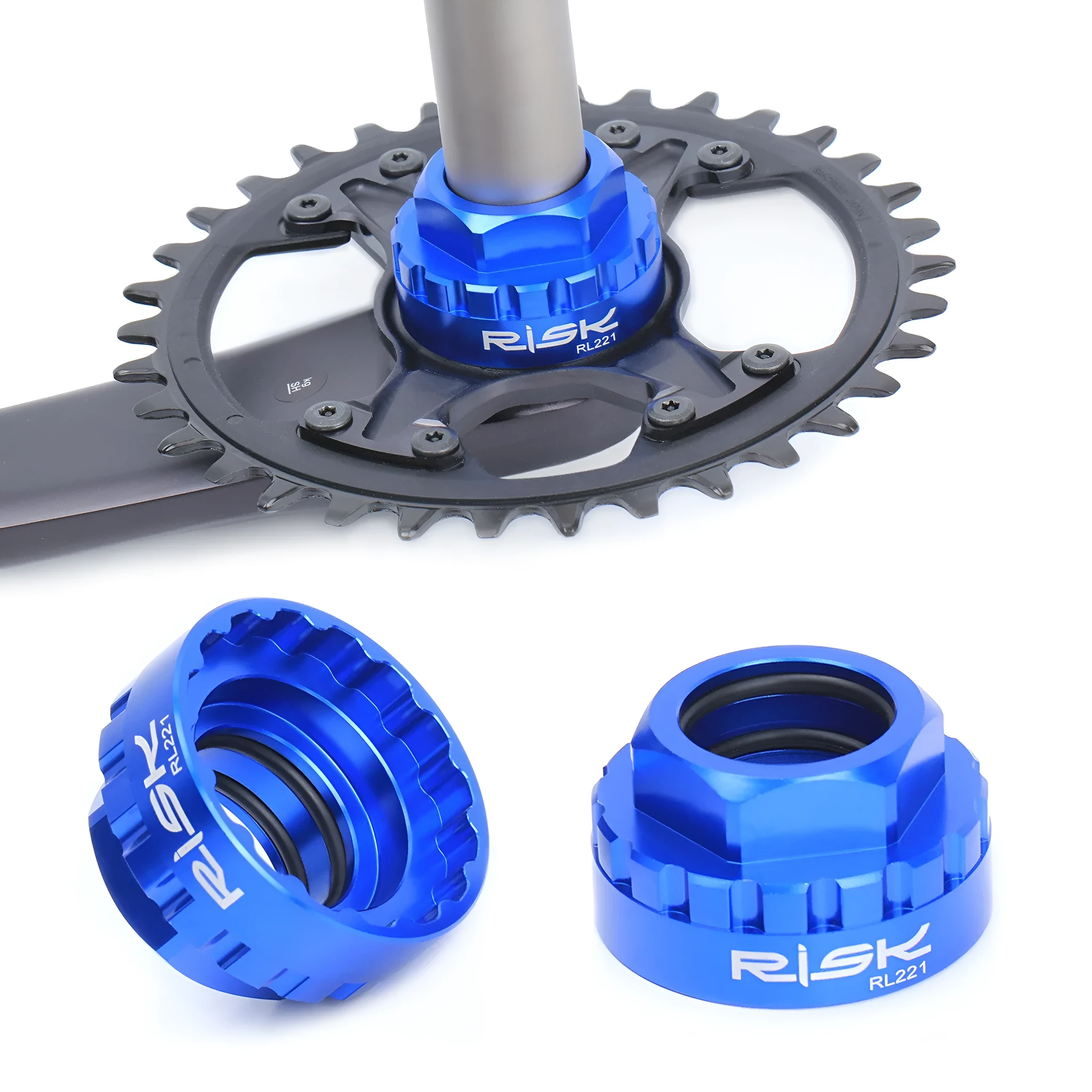 Blue aluminium alloy 12-speed direct mount disc brake removal tool on a workshop bench