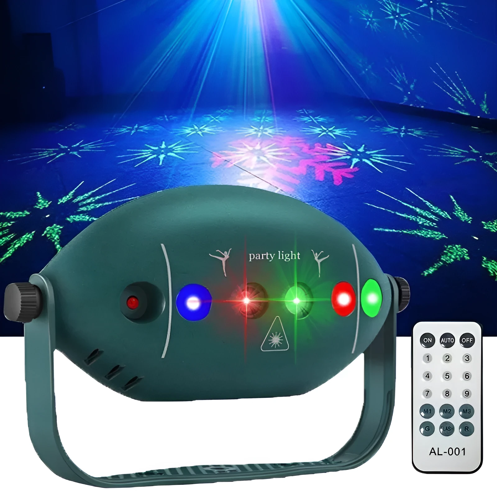 KTV Halloween disco projection lamp with 72 green figures, remote control, and mounting bracket