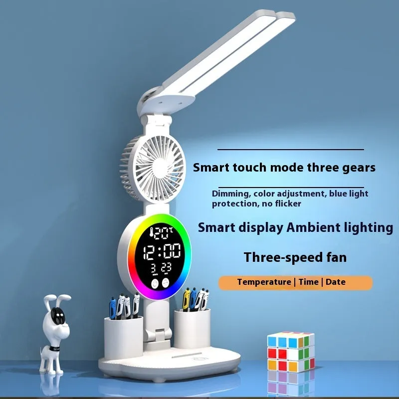LED student rechargeable desk lamp with clock display, USB cable, and modern white finish on a desk.