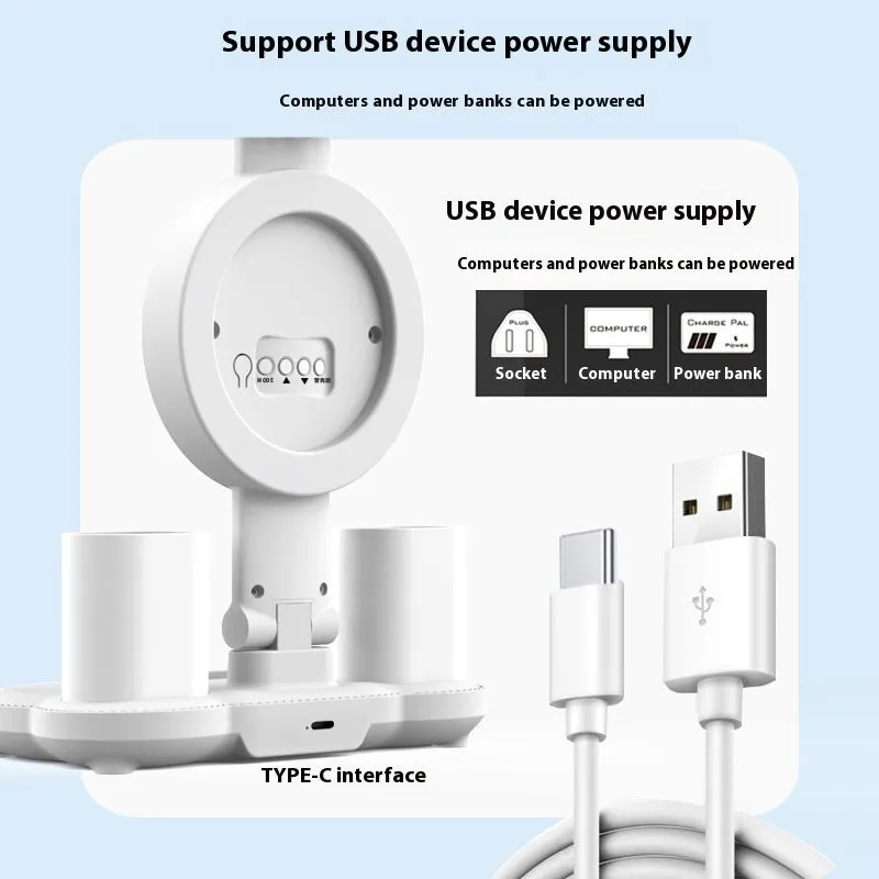 LED student rechargeable desk lamp with clock display, USB cable, and modern white finish on a desk.