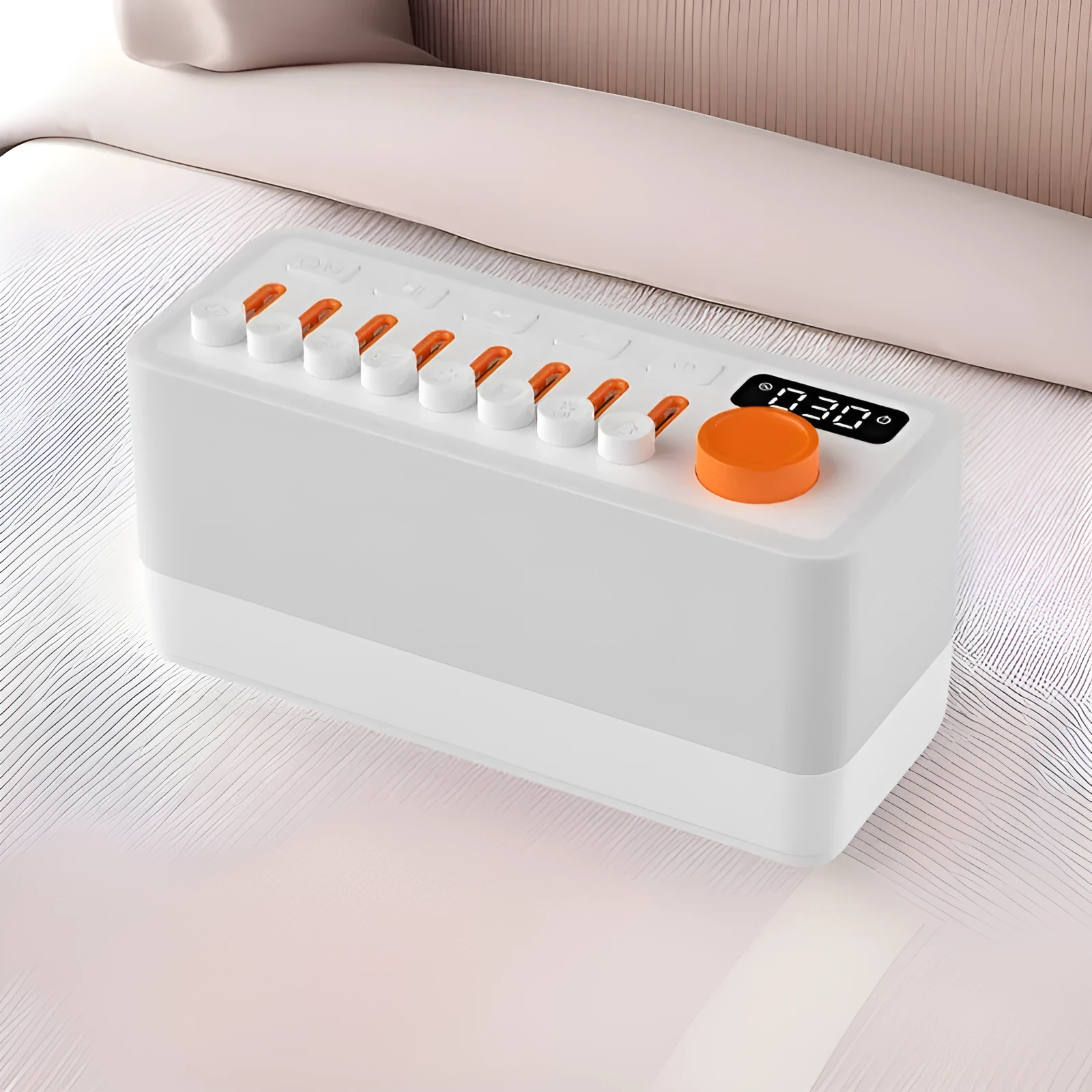 White DIY smart sleep speaker RGB colour small night lamp with alarm and call functions on a bedside table