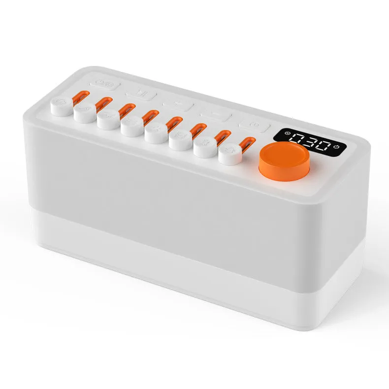 White DIY smart sleep speaker RGB colour small night lamp with alarm and call functions on a bedside table