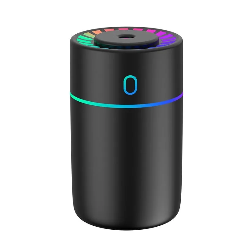 Round plastic USB desktop humidifier in black, pink, and white with single fog outlet
