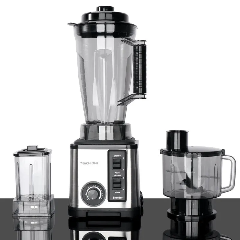 4L three-in-one grinding machine with juicer cup, minced meat cup, and grinding cup on a kitchen counter