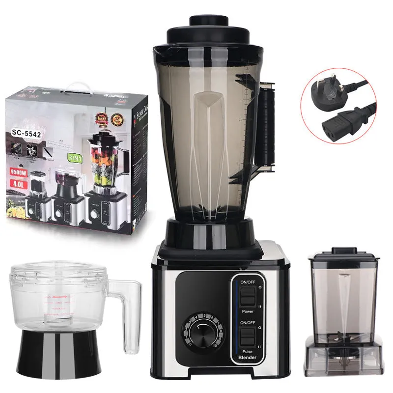 4L three-in-one grinding machine with juicer cup, minced meat cup, and grinding cup on a kitchen counter