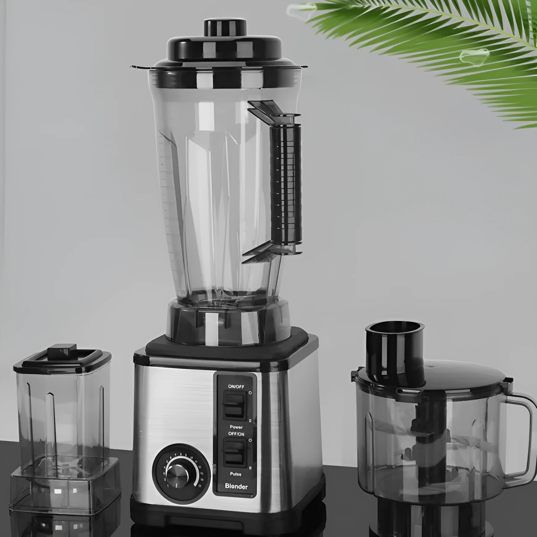 4L three-in-one grinding machine with juicer cup, minced meat cup, and grinding cup on a kitchen counter