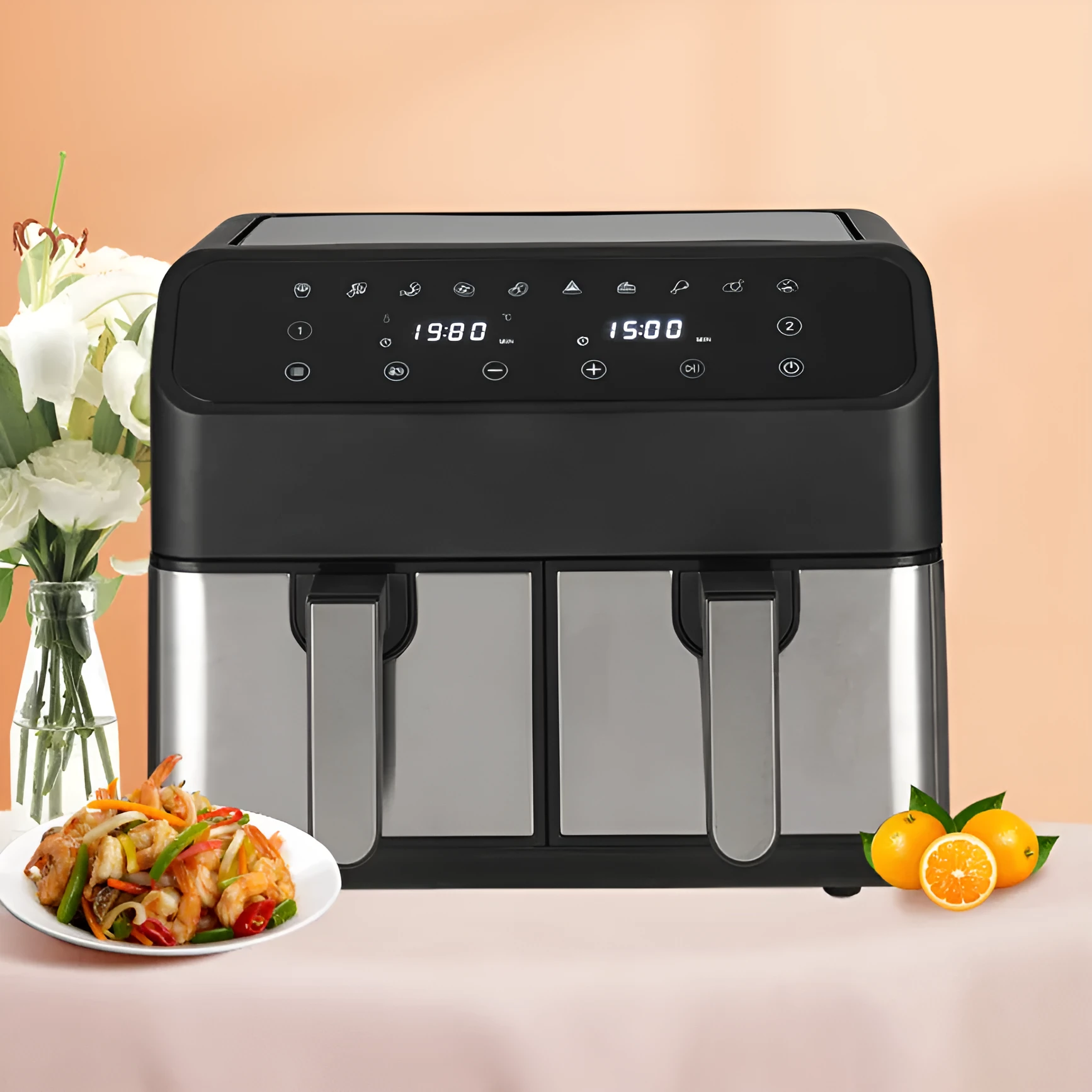 Household multi-function double pot air fryer 8L stainless steel with touch screen and dual baskets