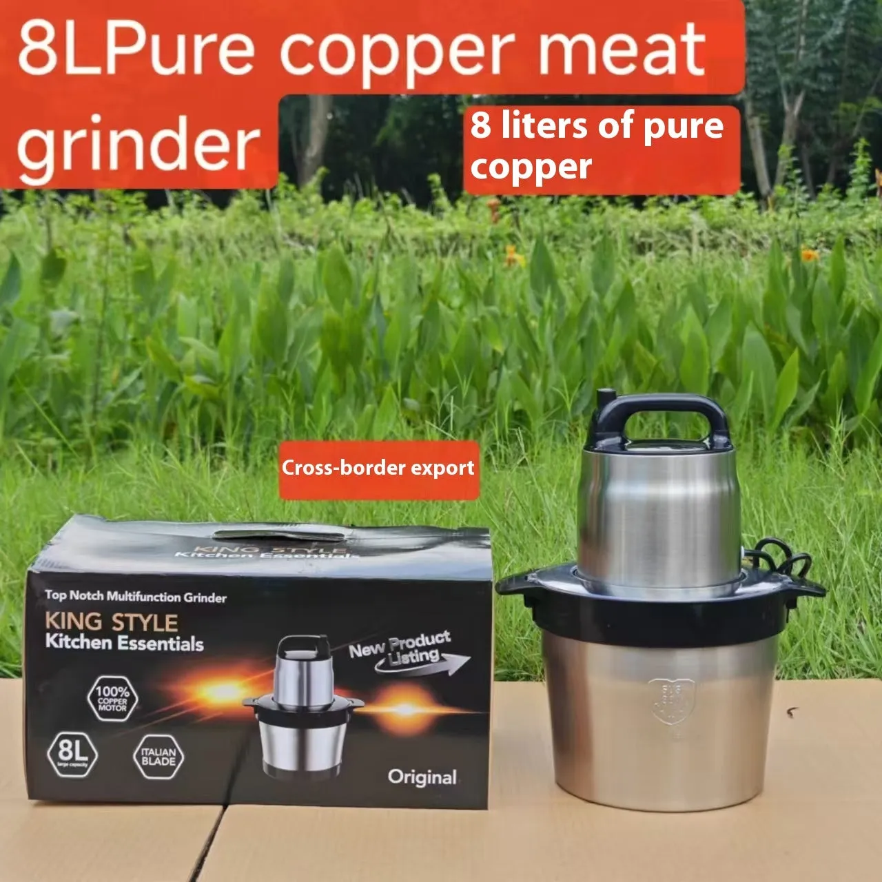 Stainless steel 6L semi-automatic meat grinder with UK plug on kitchen counter