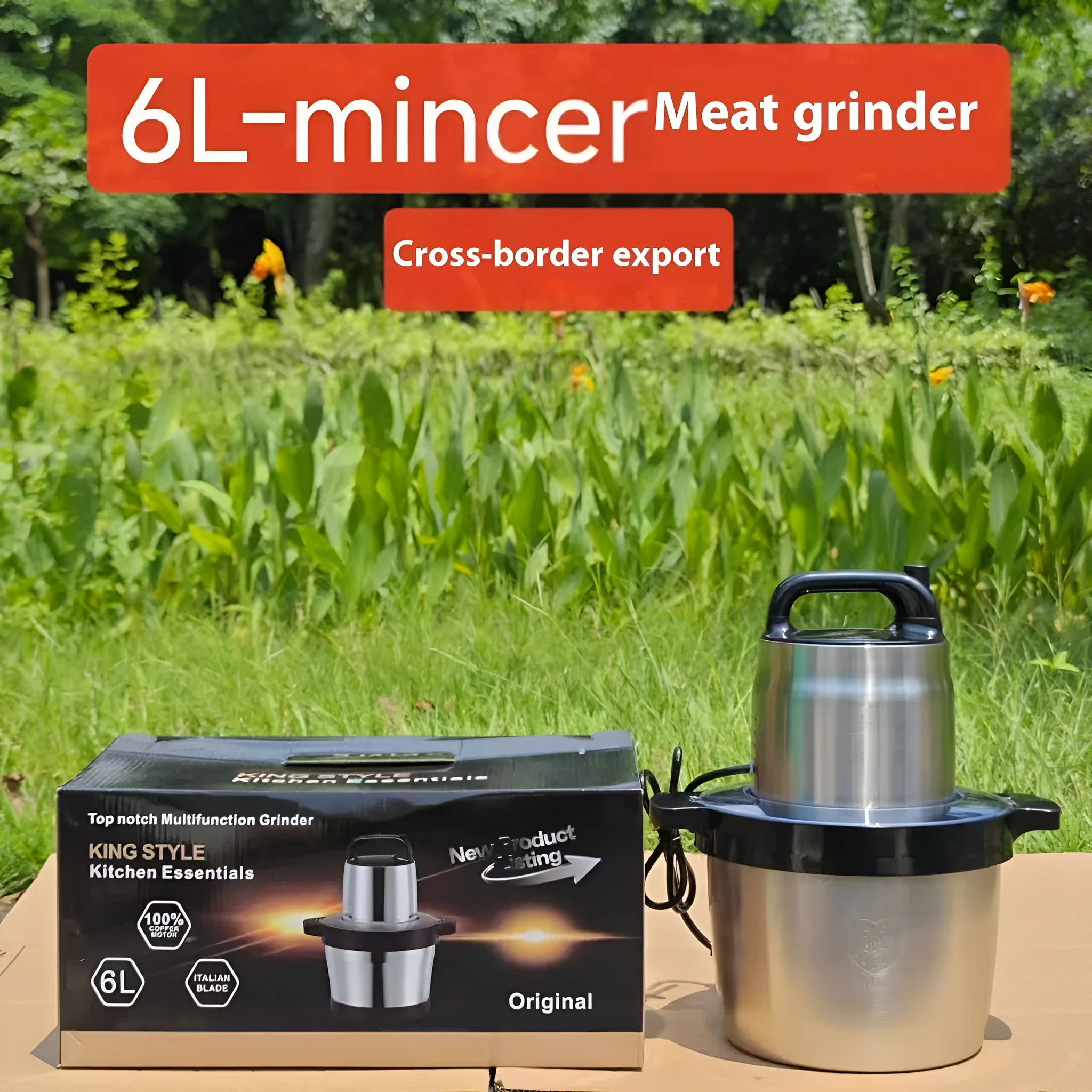Stainless steel 6L semi-automatic meat grinder with UK plug on kitchen counter