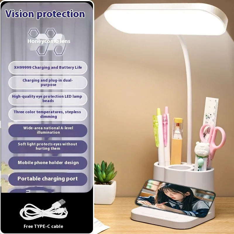 Children's LED table lamp with pen container and touch dimming, USB plug-in, plastic body
